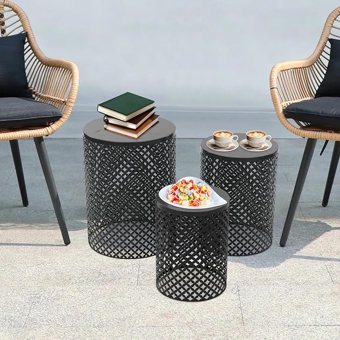 3 Pcs Metal Outdoor Side Table Set, Space-Saving Accent Table with Vintage Openwork Design, Modern Round End Table for Patio, Balcony, Living Room (Black)