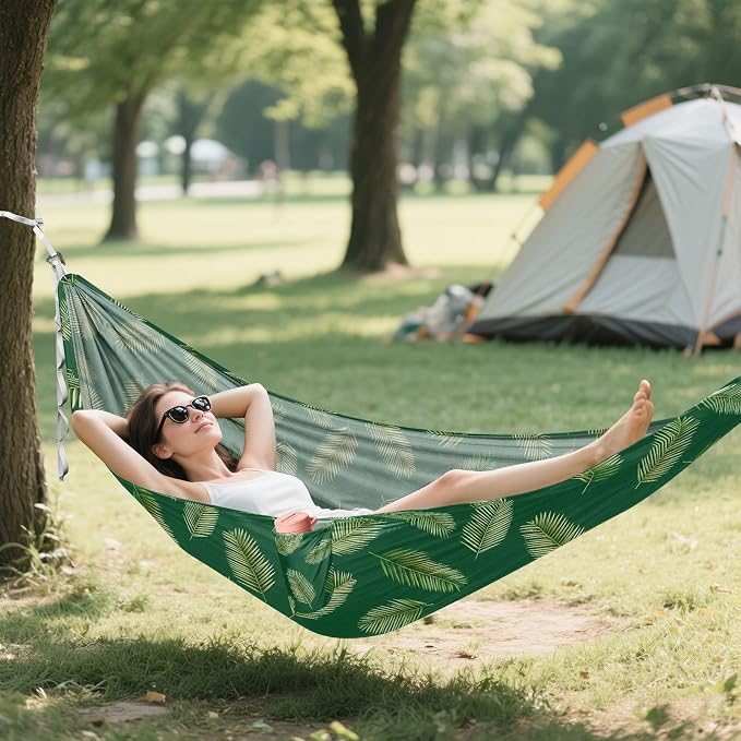 Camping Hammock Outdoor Hammocks for Outside Green Palm Leaves Beach Trees Portable Lightweight with Pockets Tree Straps Indoor