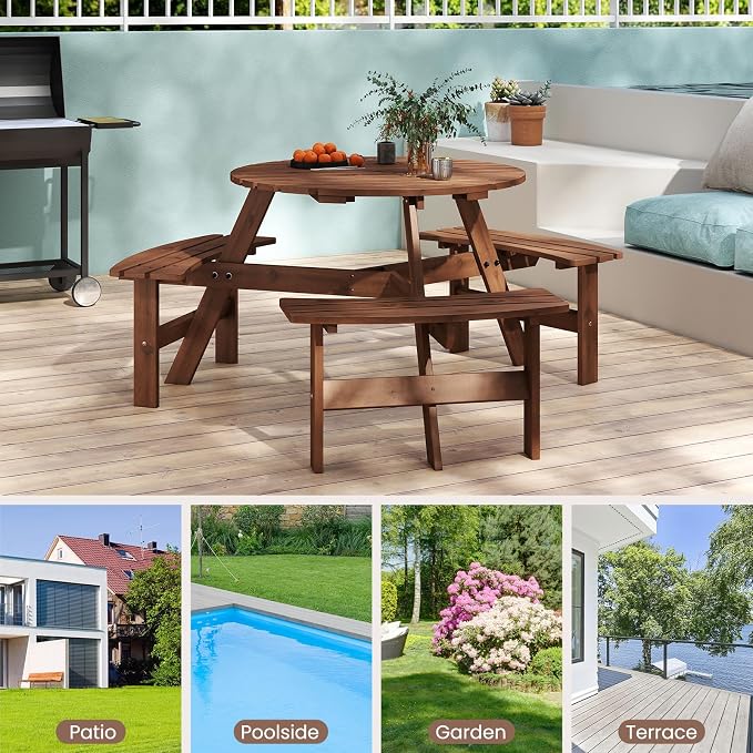 Tangkula 6-Person Wood Picnic Table, Outdoor Round Table and Bench Set with 3 Built-in Benches, Umbrella Hole, Perfect for Outside, Patio, Garden, Backyard, Porch (6-Person,Brown)