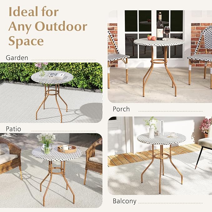 HAPPYGRILL Outdoor Bistro Table, 27.5” Round Patio Table with Hand-Woven PE Rattan Tabletop and Metal Frame, for Garden Backyard Porch Balcony