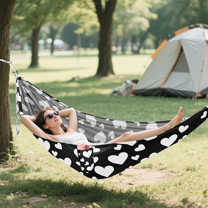 Camping Hammock Outdoor Hammocks for Outside White Heart Black Beach Trees Portable Lightweight with Pockets Tree Straps Indoor