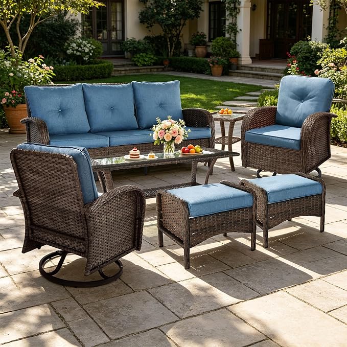 All Weather Patio Furniture Set, High Back Swivel Rocker Glider Chairs,Ottomans & Glass Tables, Outdoor Conversation Set for Deck Porch Yard Poolside (Blue, 7PCS-Sofa&Swivel Chairs&Ottomans&Tables)