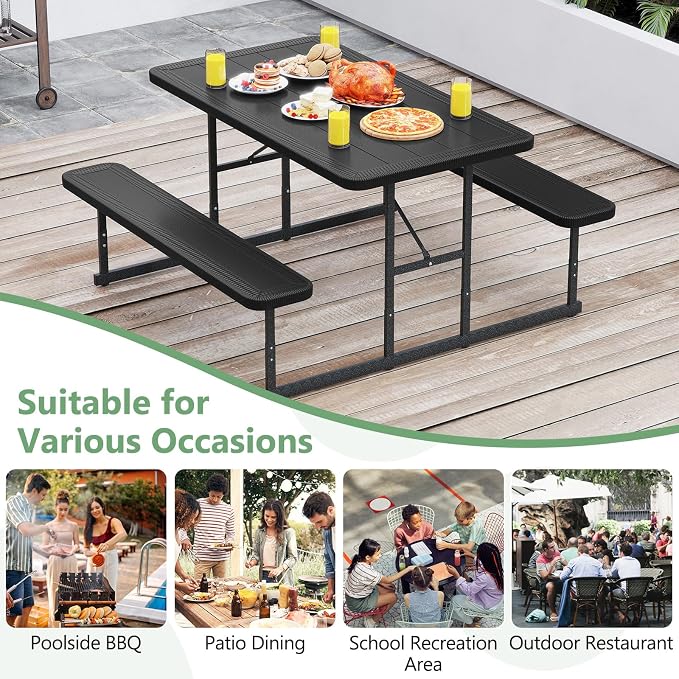 Picnic Table Set for 2-4 People, Umbrella Hole, Heavy-Duty Metal Frame & 2 Benches, HDPE Rectangular Outdoor Dinning Table & Benches for Outside, Patio, Garden, Backyard, Porch (Black)