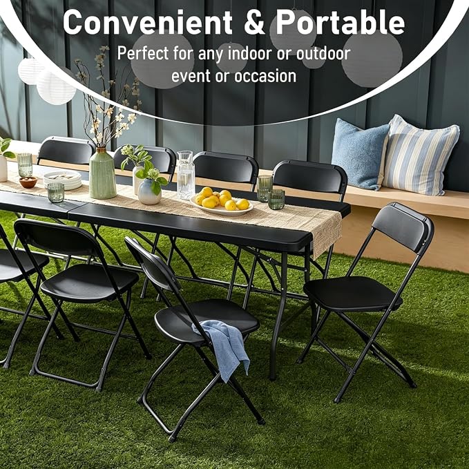 6FT Plastic Folding Table Set with 6 Black Folding Chairs, Portable Heavy Duty Table and Chair Set for Picnic, Party, Training, Wedding, Outdoor Activities, Home & Commercial Use