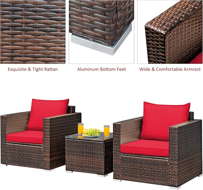 COSTWAY 3-Piece Patio Furniture Set, Outdoor Wicker Rattan Sofa with Cushions and Coffee Table with Tempered Glass, Modern Conversation Chair Set for Poolside Backyard Balcony Lawn (Red)