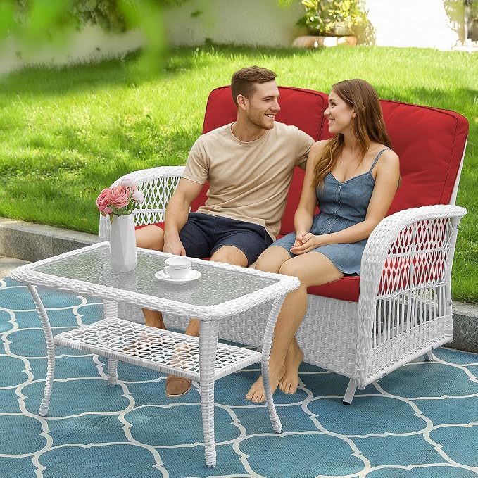 VIVIJASON 2-Piece Patio White Wicker Loveseat Glider Set Cushioned, Outdoor Conversation Furniture Sets with 2-Seater Glider Rocking Bench, Coffee Table and Cushions for Porch Garden Poolside, Red
