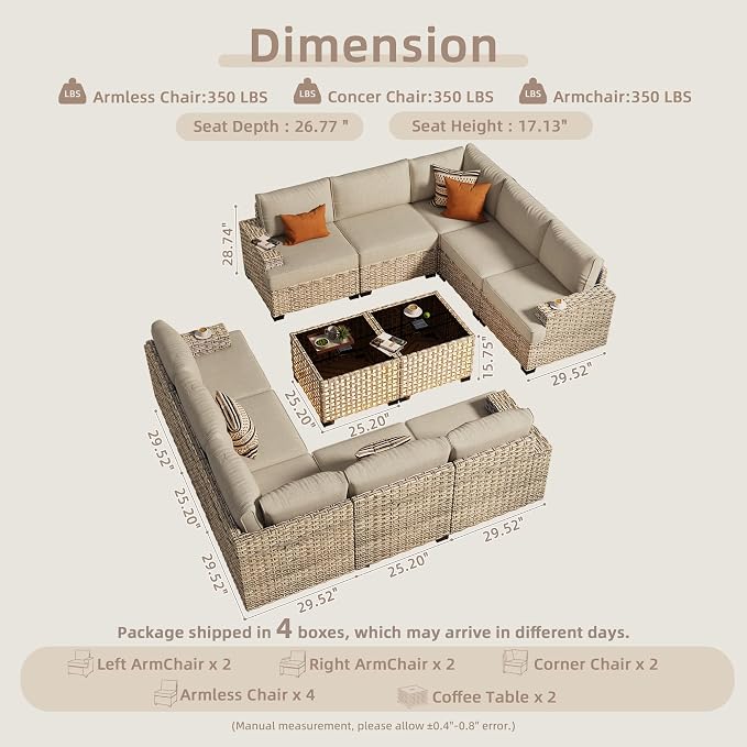 CAODOC Patio Furniture Sets 12 Pieces Outdoor Sectional Rattan Sofa Manual Weaving Wicker Patio Conversation Set with Ottomans and T Cushion(Beige)