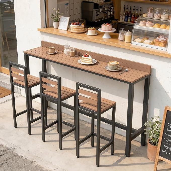 Outdoor Patio Bar Height Table with Baffle, Weather Resistant High Counter Table Porch Pub Tables Wood-Plastic Tabletop, for Poolside Garden Balcony Restaurant Cafe(White,78.7"x15.7"x40.5")