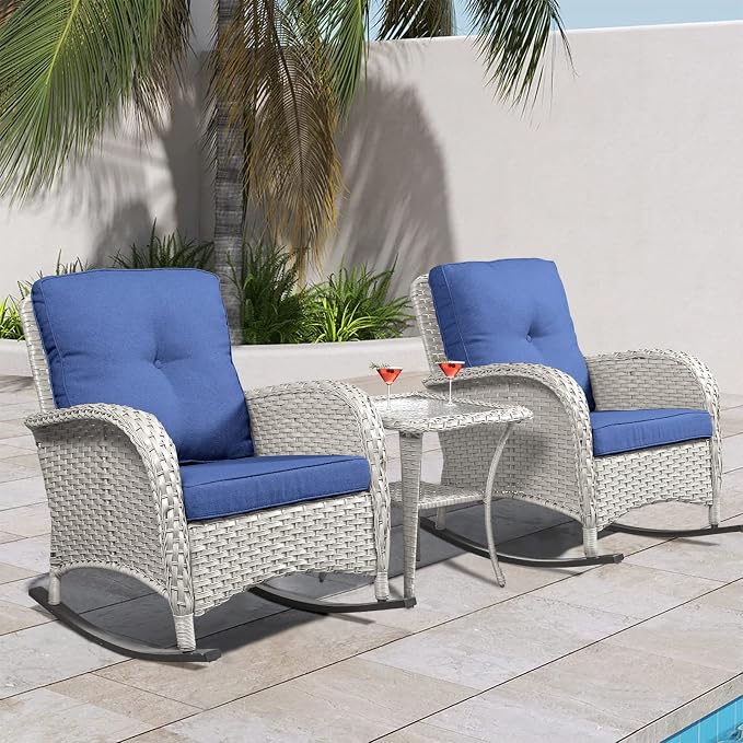HUMMUH Patio Wicker Rocking Chairs Set of 2 Rattan Outdoor Rocking Chairs for Front Porch Garden Backyard Lawn Balcony Weather Rocker Chair with Side Table