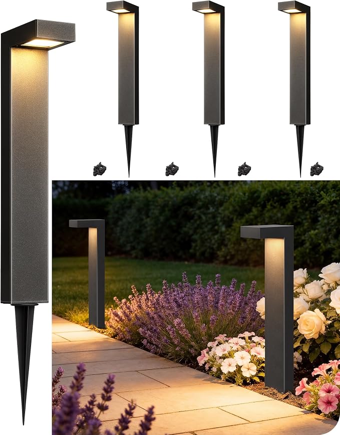EDISHINE Low Voltage Pathway Lights, LED Outdoor Landscape Lighting 4 Pack | 3000K 3.2W 12V, 50,000H, with Connectors, Modern Style, Waterproof Cast-Aluminum for Walkway, Driveway, Garden, Path, Yard