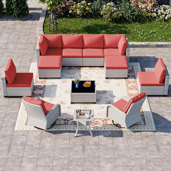 12-Piece Patio Furniture Set, Outdoor Patio Furniture with Swivel Chairs Set, Ottomans, Modular Patio Sofa, Dual-Strand Wicker Rattan, Rust-Resistant Frame, Red