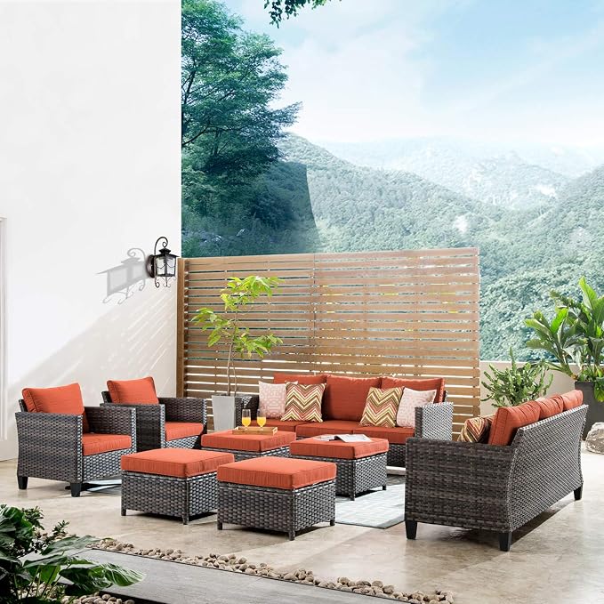 ovios Patio Furniture Set, 8 Pieces Outdoor Wicker Sofa Couch with Chairs, Ottomans and Comfy Cushions, All Weather High Back Rattan Conversation Set, Orange Red