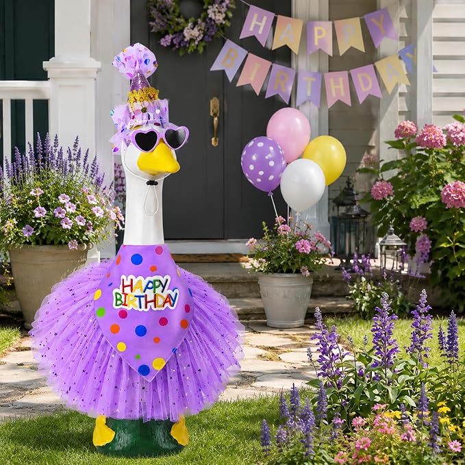 Porch Goose Birthday Outfit, Happy Birthday Goose Outfit Lawn Geese Clothes for 17/23" Cement Geese Statue for Patio (Purple)