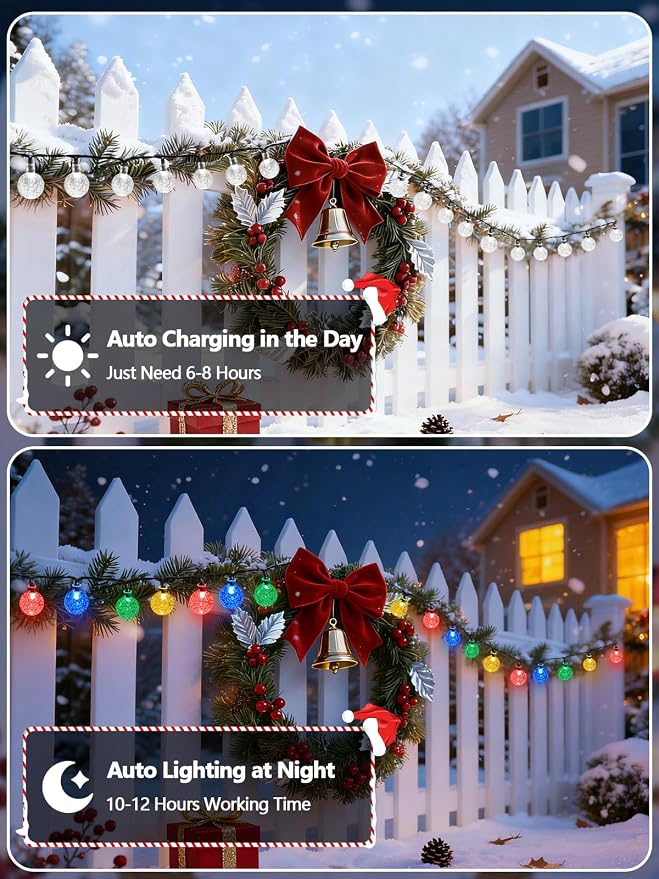 Solar String Lights Outdoor 2 Pack 64FT 100 LED Multicolor Patio Lights | Crystal Globe, IP65 Waterproof, Auto On/Off, 8 Modes Solar Powered Light for Outside Wedding Party Garden Yard Decorations