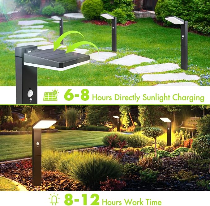 Solar Pathway Lights Outdoor Waterproof, Motion Sensor Lights 2PCS | Aluminum, 20" Tall, 600LM Super Bright, Adjustable Head, Dusk to Dawn 12+ Hour Battery Life, Suitable for Lawns or Concrete