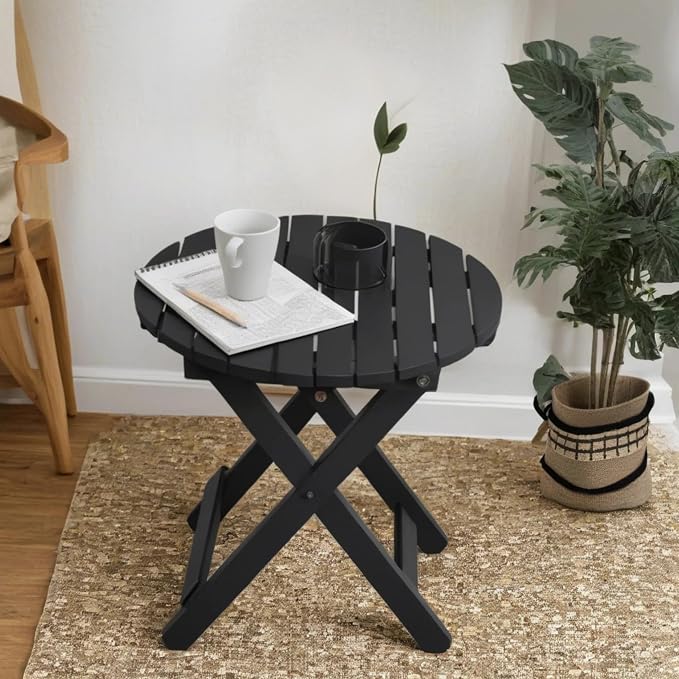 Outdoor Small Table, Round Folding Wooden Patio Side Table Furniture End Table for Adirondack Chair, Balcony, Porch, No Assembly Required, Black