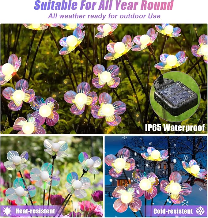 Solar Garden Lights Flowers 4 Pack of 24 LEDs Swaying Firefly Garden Decor | Swaying Flowers Solar Lights Outdoor for Yard Pathway Patio, Swaying Lawn Decor as Gardening Gifts for Women Christmas decor