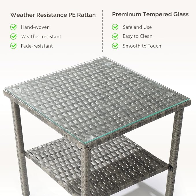 Outdoor Wicker Side Table,2-Layer Patio Rattan Garden Coffee End Square Table with Glass Top (Grey)