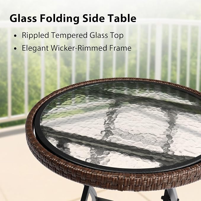 19in Modern Round Rattan Folding Glass Outdoor Side Table, Small Patio Table with Tempered Glass Top