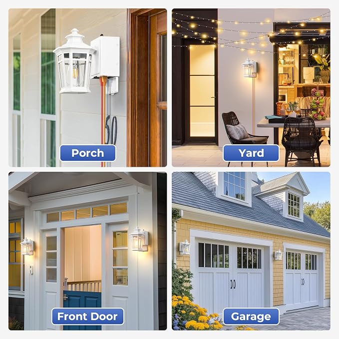 Gleamz Porch Lights Outdoor with GFCI Outlet, White Dusk to Dawn Outdoor Lighting, Exterior Lighting Fixtures Wall Mount, Anti-Rust Coach Light for Garage, Patio, 100% Aluminum, Waterproof, E26 Socket