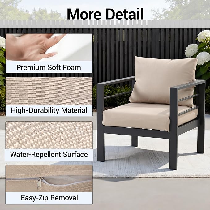 4-Piece All-Weather Metal Patio Furniture Set, Sectional Conversation Sofa w/Coffee Table, Heavy Duty Steel Frame & Washable Cushions for Backyard Garden (Khaki, Armchair)
