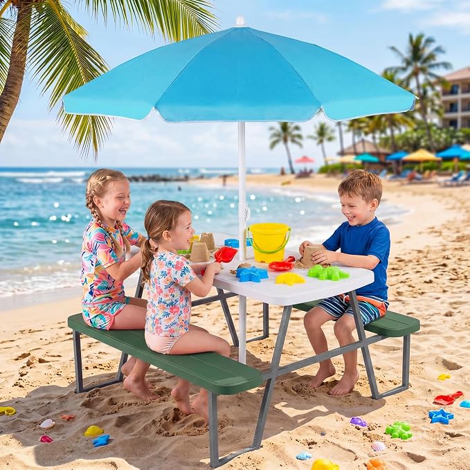KOTEK Kids Picnic Table with Umbrella, Toddler Outdoor Table and Bench Set, Easy to Clean, HDPE Top & Metal Frame, 660LBS Capacity, Kids Patio Furniture for Backyard Park Garden (Green)