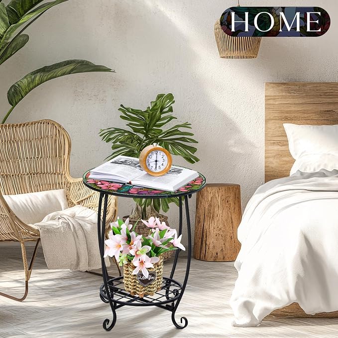 Cinnvoice Outdoor Side Table Round Small Mosaic Patio Accent Indoor End Plant Coffee Tea Table for Yard Patio Porch Garden Living Room, Bedroom(Hummingbird Style,18 Inch)