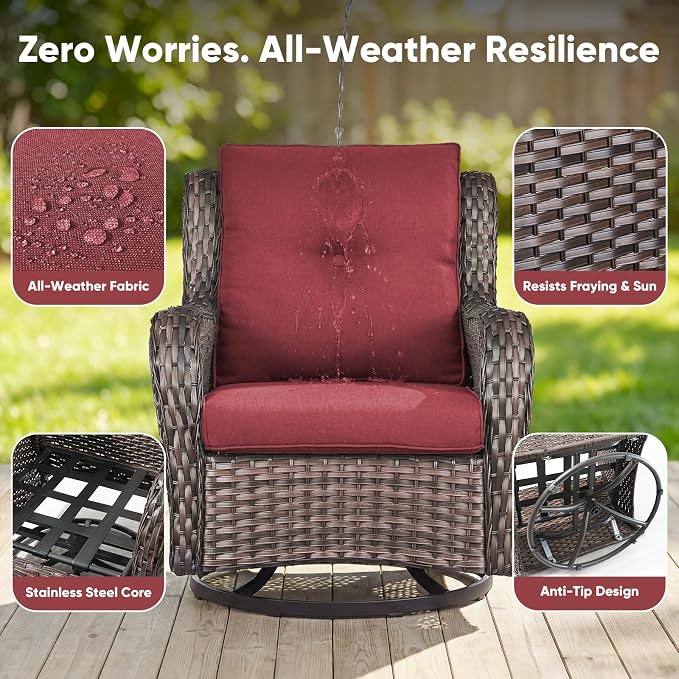 Belord 5 Piece Wicker Patio Furniture Set, Outdoor Swivel Rocker Chairs Set of 2 with Ottomans and Side Table, All Weather Patio Conversation Furniture Set, for Porch Pool, Brown Wicker/Red