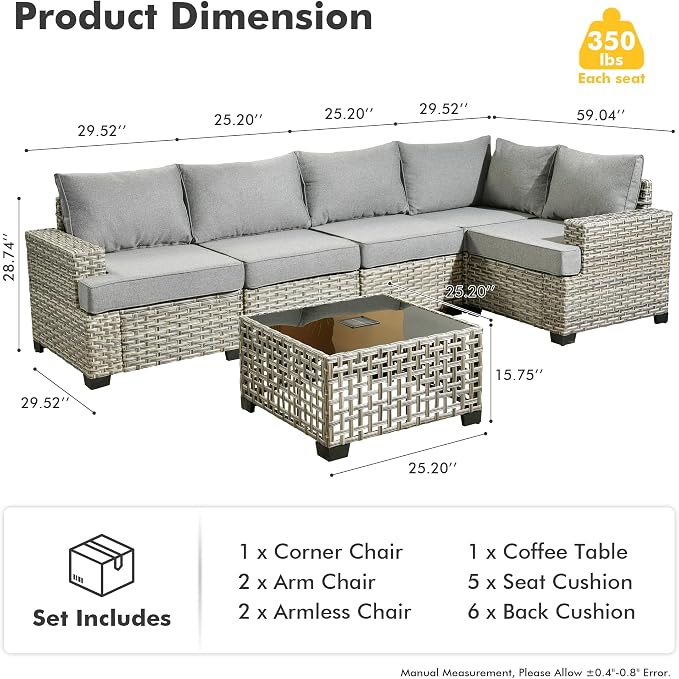 HOOOWOOO Sectional Patio Furniture Set with Solar Light Table,6 Pieces Wicker Outdoor Furniture L Shaped Couch,Outside Conversation Set with Extra Deep Seat Sofa Wide Arm,Charcoal Gray