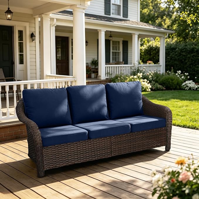 77 inch Outdoor Wicker 3 Seater Sofa, All-Weather Use Patio Rattan Sofa with Seat and Back Cushion, Ideal for Porch, Backyard, Balcony, Poolside, Beige