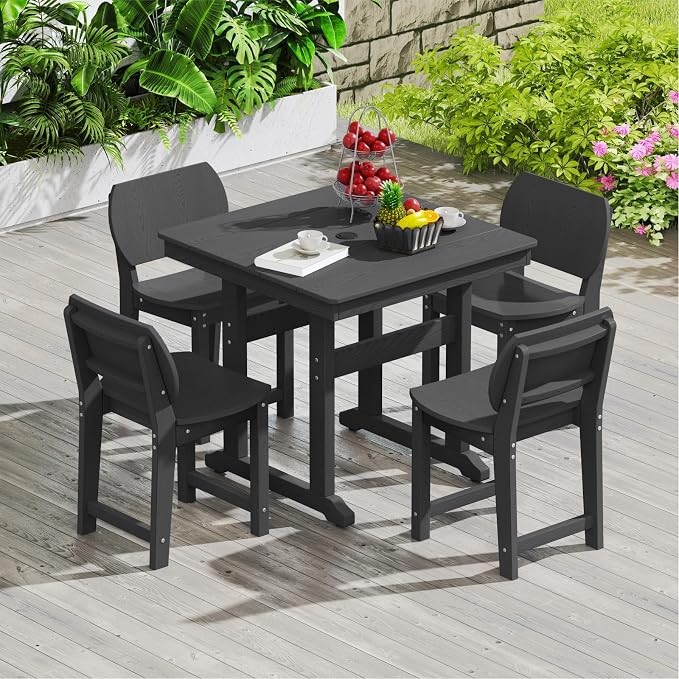 5-Piece HDPE Outdoor Dining Set, Weatherproof Patio Table and Chairs Set for 4, Includes 1 Square Table and 6 Armless Chairs, with Umbrella Hole (Black)