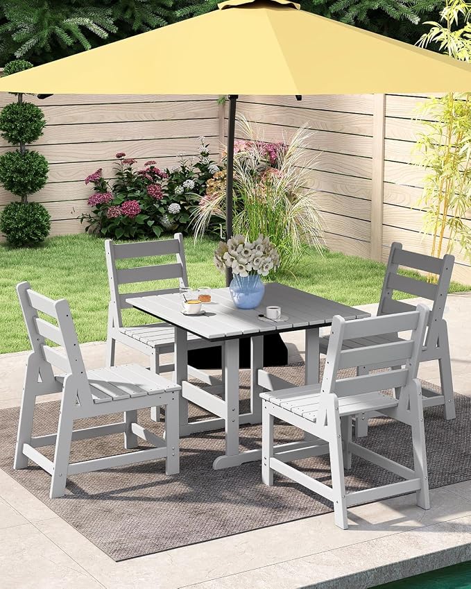 GREENVINES 5-Piece-Outdoor-Dining-Set | HDPE | Square | Patio Furniture | All Weather | Armless Chair | Slatted Table and Chairs Sets for 4 | for Backyard Poolside Garden | White