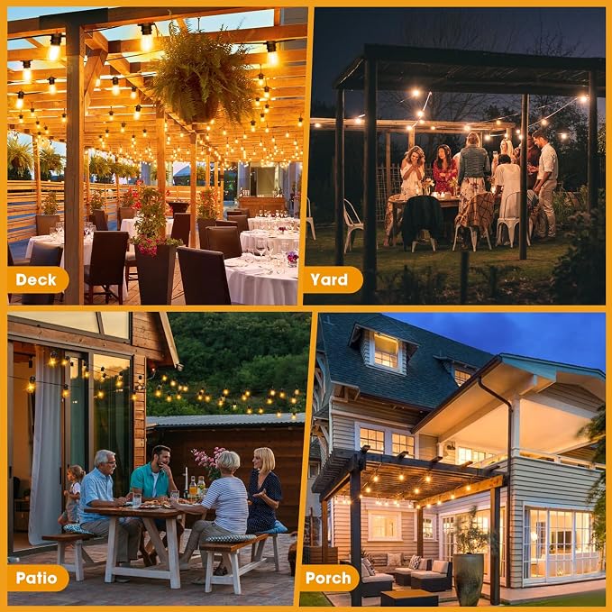 GvvooHome 200FT(50FT*4) LED Outdoor String Lights Waterproof Patio Lights with 64 Shatterproof S14 Edison Bulbs(4 Spare), Dimmable Hanging Outdoor Light Connectable for Yard, Porch, 2700K Warm White