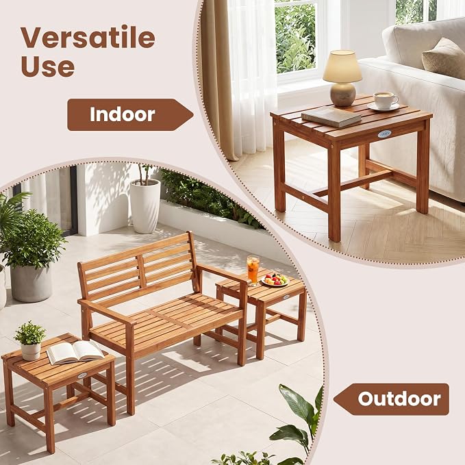 Tangkula Patio Acacia Wood Side Table, 17" Square End Table with Slatted Tabletop, Outdoor Wooden Accent Bistro Table for Backyard, Poolside, Garden, Porch, Indoor (Natural,1)