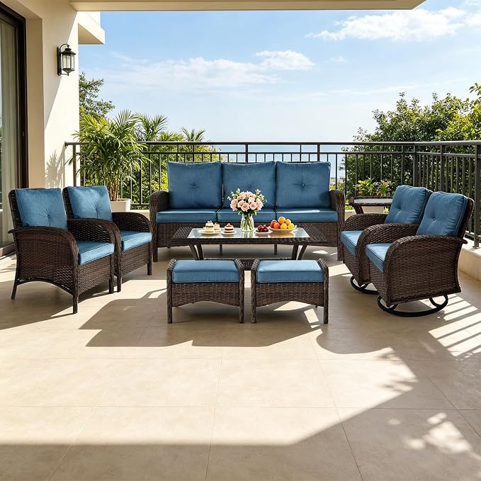 All Weather Patio Furniture Set, High Back Swivel Rocker Glider Chairs,Ottomans & Glass Tables, Outdoor Conversation Set for Deck Porch Yard Poolside (Blue, 9PCS-Swivel Chairs&Chairs&Sofa&Tables)