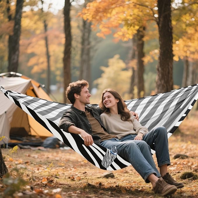Zebra Print Camping Hammock, Portable Lightweight Single Hammock with Tree Straps and Aluminum Carabiners, 114" x 54" Travel Hammock for Hiking Backpacking Beach