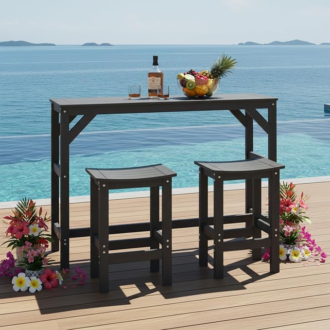 55" HIPS Outdoor Bar Table, All-Weather Patio Bar Counter Height Table, Rectangle Black Bar Height Table for Outside, Garden, Backyard, Balcony, Poolside, Black