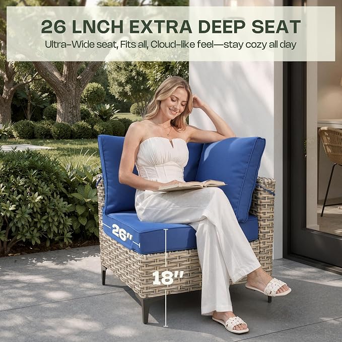 5 Piece Outdoor Sectional Patio Furniture Set with Solar Lighted Coffee Table, Modular Wicker Conversation Set with Flexible L-Shaped Layout for Porch Balcony Backyard, Navy Blue
