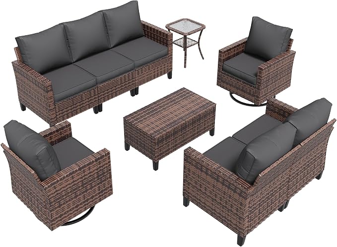 Amopatio Patio Furniture Set, Wicker Outdoor Sectional Sofa with Swivel Rocker Chairs, All-Weather Rattan Conversation Set, Storage Coffee Table, Waterproof Cover for Backyard, Deck Brown/Grey 6 PCS