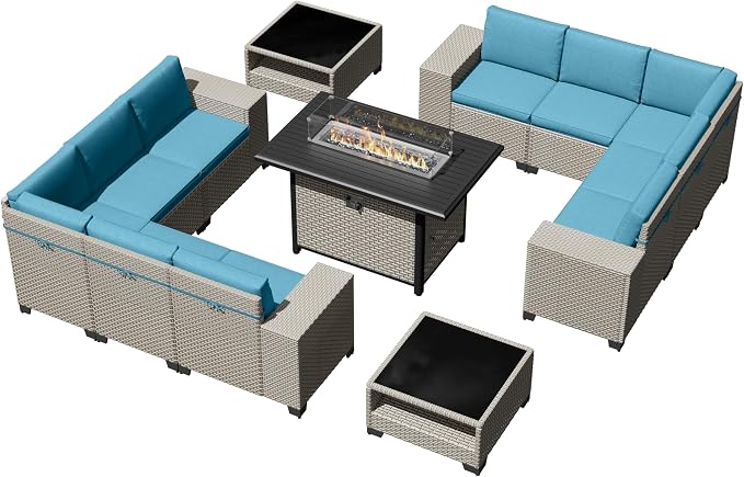 13-Piece Outdoor Patio Furniture Set with Fire Pit, Modular Sectional Sofa Set with Glass Coffee Table and Cushions, Wicker Outdoor Couch Conversation Sets, Turquoise