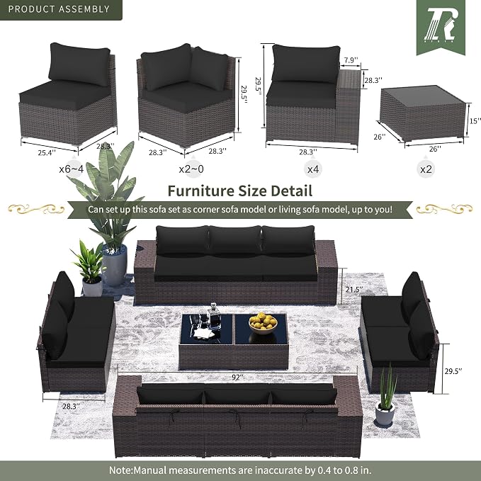 13 PCS Outdoor Patio Furniture Set,Outdoor Sectional Furniture with 43" 55000 BTU Gas Propane Fire Pit Table,All Weather PE Rattan Wicker Patio Conversation Set,Black