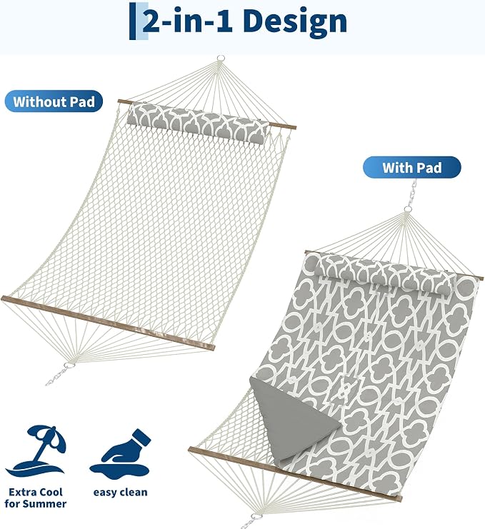 2 Person 12FT Hammocks for Outside, Double Quilted Fabric Outdoor Hammock with Spreader Bar, Large Removable Pillow, Storage Pockets, Carabiners, Max 450 Lbs Capacity