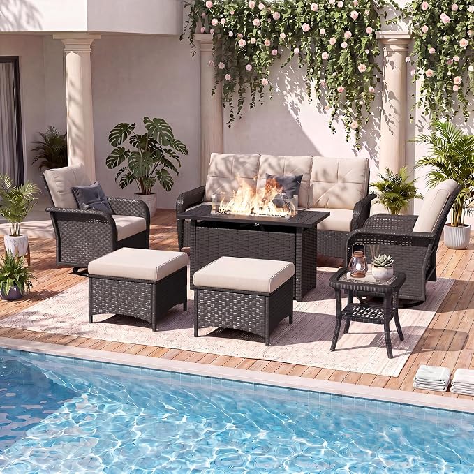LazySunsets 9 Piece Outdoor Patio Furniture Set with 44'' Fire Pit Table, Outdoor Patio Furniture Set with High Back Swivel Rocker Chairs, Outdoor Conversation Set with Thick Cushions & Ottoman, Beige