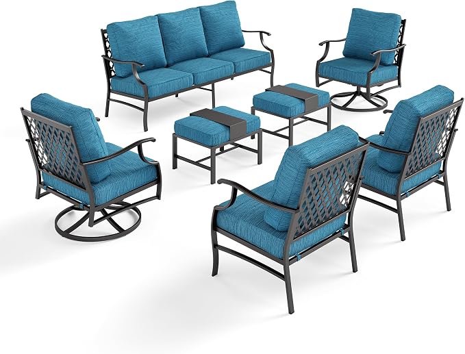 SUNSHINE VALLEY 7 Piece Metal Outdoor Patio Furniture Set, Patio Conversation Sets 3-seater Sofa, 2 Fixed Chairs, 2 Swivel Chairs, 2 Ottomans with 5.75" Thick Cushion, Black Backyard Furniture, Blue-2