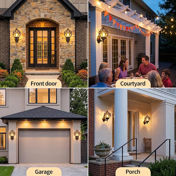 Black Globe Outdoor Wall Lights, Round Exterior Wall Sconce for Patio, Porch, Garage, Anti-Rust Aluminum Wall Mount Lighting Fixture, Classic Wall Lantern with Ornate Cage & Amber Glass, E26 Base