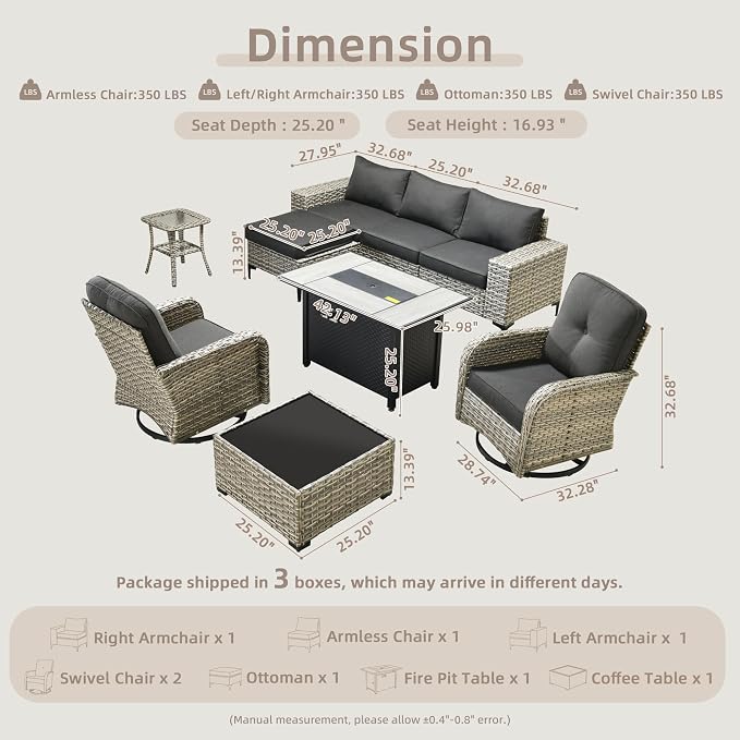 Outdoor Sectional Patio Furniture Set with Fire Pit Table,8 Pieces Wicker Conversation Sets L Shaped Couch,Extra Deep Out Door Sofa Outside Furniture with Swivel Chairs,Black