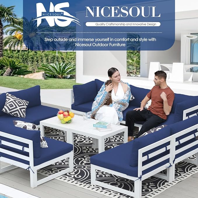 NICESOUL 8 People Extra Large Luxury Aluminum Patio Conversation Set for Backyard Garden, 29" Deep Wide Seat, L Shaped Modular Sectional Couch, 500 lbs Heavy Duty All Weather Outdoor Sofa, Navy Blue