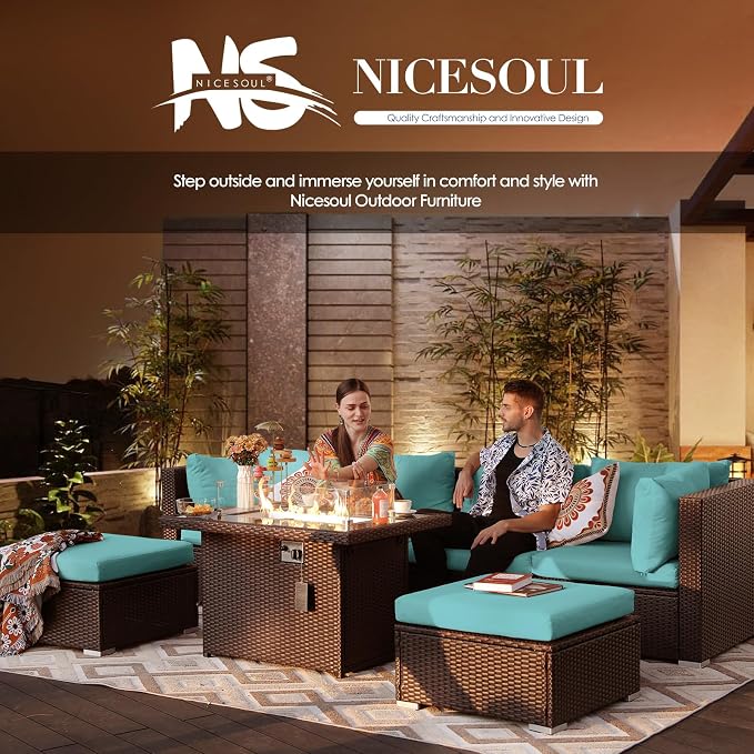 NICESOUL 15 Piece Outdoor Sectional with Fire Pit Table, Modern Luxury Patio Deep Seating w/Firepit, 29.3'' High-Back Wicker Couch Thick, Big High-Weight Capacity Sofa for Garden, Yard, Brown & Teal