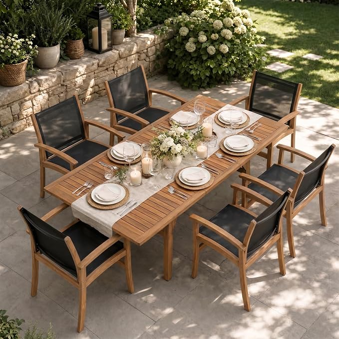 SUNSITT 5-Piece Outdoor Patio Dining Set, 55" - 71" Acacia Wood Expandable Table & 4 Breathable Textilene Mesh Chairs, All-Weather Patio Furniture w/Umbrella Hole for Backyard, Deck, Garden, Black