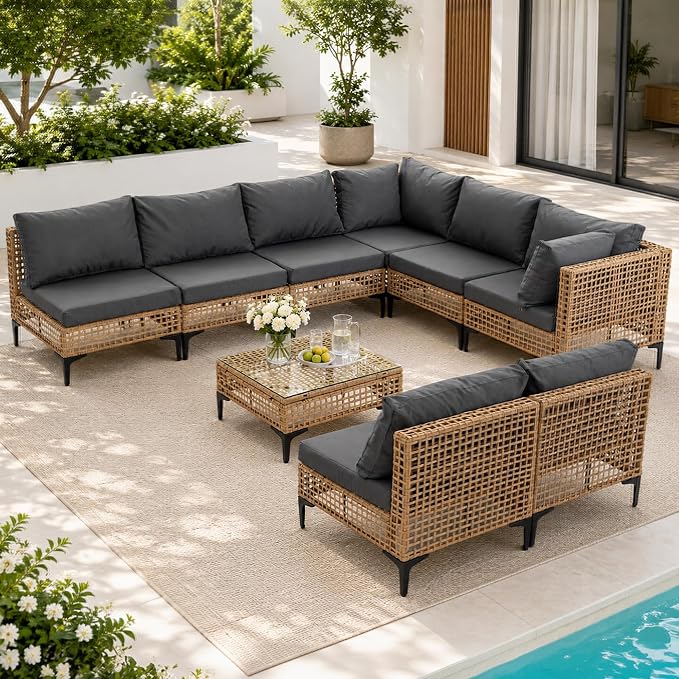 9-Piece Outdoor Wicker Patio Sectional Furniture Set, Grey | 8 Seat, All Weather Performance, PE Rattan, Coffee Table, Thick Cushions, for Backyard, Porch, Poolside, Deck
